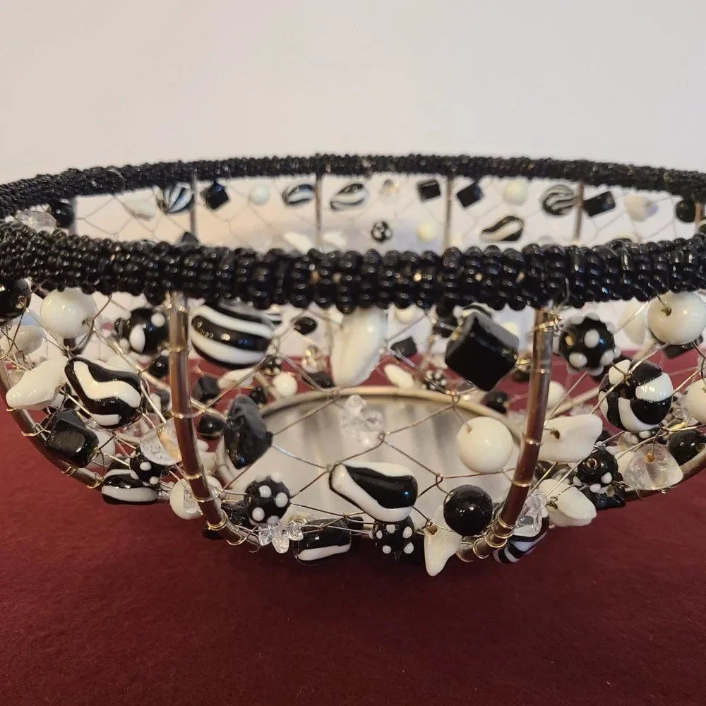 Black and White Metal Wire and Glass Beaded Bowls Baskets Made In India